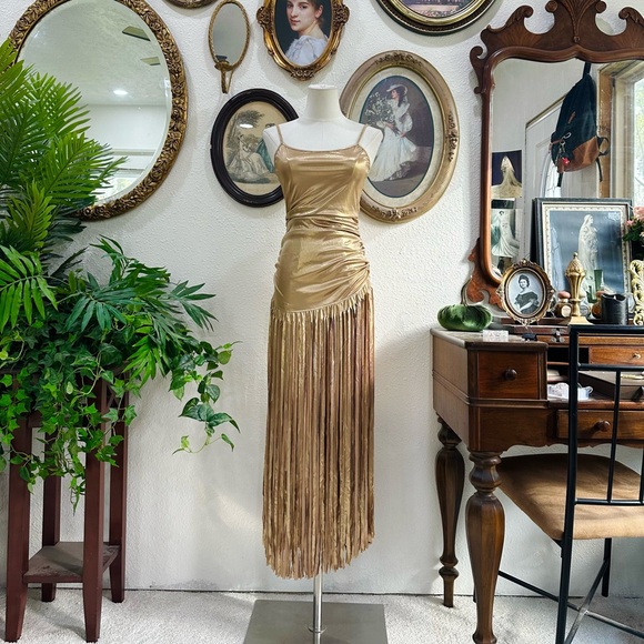 Dresses & Skirts - Gold Fringe Satin Evening Dress